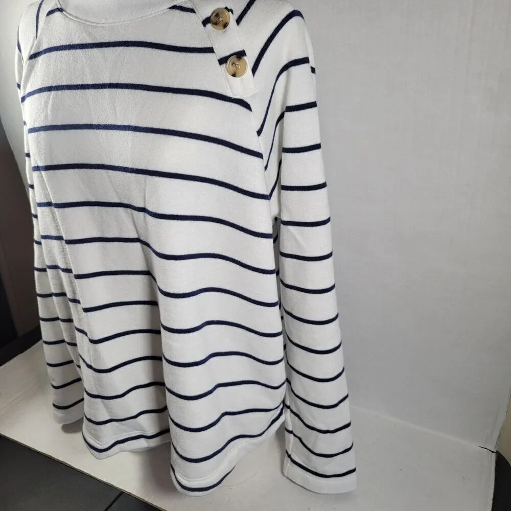 J.Crew Women White Navy Stripe Button Neck Long Sleeve Cotton Blend Tunic Size L